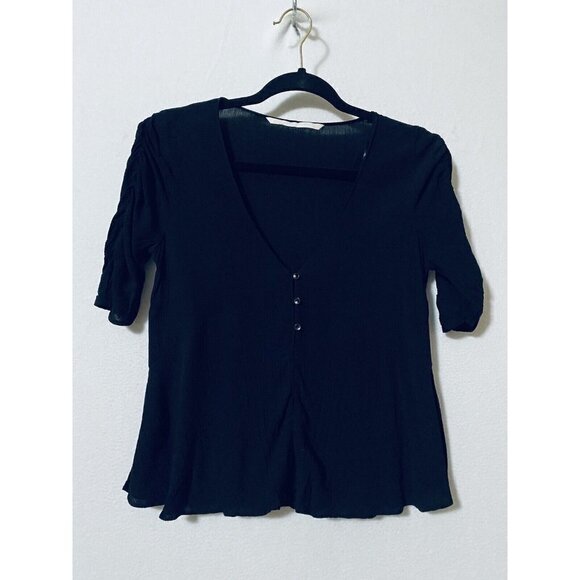 Zara Womens XS Ruched Sleeve Henley Cropped Top Black Flowy Cottagecore Boho - Picture 1 of 8